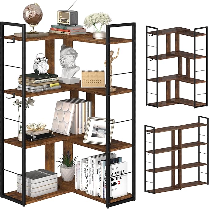 Corner Book Shelf 4 Tier Industrial BookShelf L Shaped Adjustable Bookcase Office Shelves Vintage Wooden Bookshelves for Living Room Bedroom library Rustic Brown