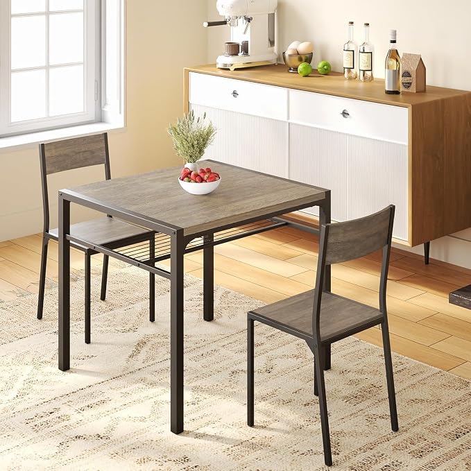 Gizoon 3-Piece Dining Table Set for 2, Small Kitchen Table & Chairs Grey | Compact grey 2-person dining set perfect for apartments. Features under-table storage rack and 2 chairs that tuck away.