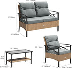 YITAHOME 4-Piece Patio Furniture Wicker Outdoor Bistro Set, All-Weather Rattan Conversation Loveseat Chairs for Backyard, Balcony and Deck with Soft Cushions and Metal Table (Light Brown+Gray)