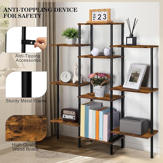 4-Tier Bookshelf,Small Triple Wide Bookcase for Books,CDs,Movies,Display Shelf with 10 Open Shelves for Living Room,Home Office,Balcony,Rustic Brown