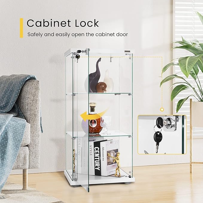 VIVOHOME 3 Layers 16''W x 16''D x 34''H Display Cabinet Showcase Countertop with Lock, 4mm Tempered Glass 25mm MDF Base