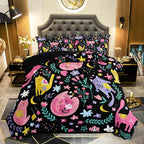 Floral Cat Comforter Twin Size,Black Cats Comforter Set for Kids Teens Girls,3Pcs Bedding Set Printed Comforter with 2 Pillowcases,Down Alternative,Soft and Lightweight(Black，Twin Size)