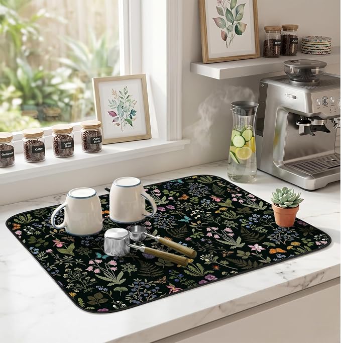 Forest Aesthetics Dish Drying Mat for Kitchen Counter Coffee Bar 18x24 in | Decorative Non Slip Absorbent Kitchen Dishes Drainer Mat, with Anti-slip Rubber Backing & Hanging Loop, for Sink, Home Gift
