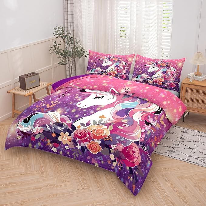 Tailor Shop Kids Bedding Set for Girls Unicorn Comforter Set Full Girls Bedding Sets All Season with 2 Pillowcase……