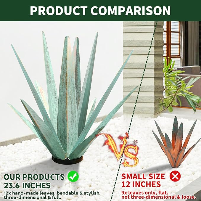 Large Tequila Rustic Sculpture, Rustic Metal Agave Plants for Outdoor Patio Yard, Home Decor Hand Painted Metal Agave Garden Yard Statue, Outdoor Lawn Ornaments (Rose Red - L (W/Solar Light))