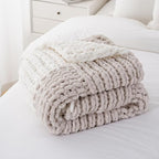Battilo Chunky Knit Throw Blanket, Soft and Thick Chenille Throw Blanket, 50"x60" Handmade Cable Knit Crochet Blanket, Large Rope Knot Throw Blankets for Couch Sofa Bed Home Decor, Beige & White