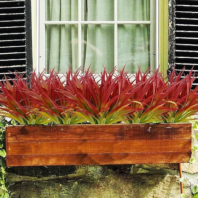 32Pcs Artificial Grass Fake Plants 17.3in Outdoor Plants UV Resistant Greenery Stems Fake Grass for Home Window Garden Office Patio Pathway Front Porch Décor Light Green & Red
