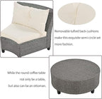 9 Pieces Outdoor Furniture Half Moon Wicker Patio Sets with Coffee Table, All-Weather Fan-Shaped Curved Sectional Sofa Couch with Beige Cushions, Onesize, Gray Rattan