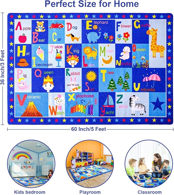 Terrug Kids Rugs ABC Alphabet Carpet Playmat, Word Educational Area Rug, Non Slip Cute Cartoon Daycare Supplies, Kids Gift for Playroom, Classroom, Bedroom and Nursery (3x5 Feet)