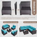 Patio Furniture Set Sofa 6-Piece Wicker PE Rattan Sectional Sofa Set, Outdoor Furniture Patio Conversation Sofa Set with Glass Coffee Table, Blue