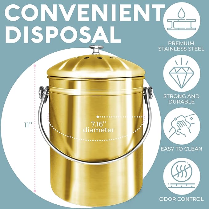 EPICA Countertop Compost Bin Kitchen | 1.3 Gallon | Odorless Composting Bin with Carbon Filters | Indoor Compost Bin with Lid | Stainless Steel Kitchen Composter for Food Scraps & Waste Recycling