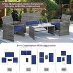 Shintenchi 4-Piece Outdoor Gray Wicker Patio Conversation Furniture Set, Rattan Patio Furniture Set with Weather Resistant Cushions and Tempered Glass Tabletop,Navy Blue