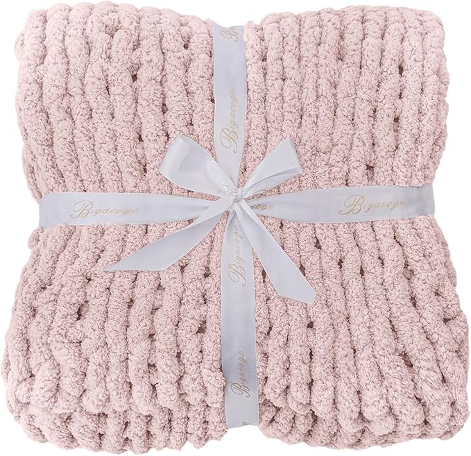 Bigacogo Chunky Knit Throw Blanket for Couch, 40x80 inches, 100% Hand Knitted with Thick Jumbo Chenille Yarn, Cozy Soft Large Rope Knot Cable Crochet Blankets for Sofa Bed Living Room, Rose Tan
