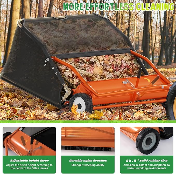 48" Lawn Sweeper Tow Behind, Grass Sweeper Tow Behind with 25.16 cu. ft Large Hopper, Heavy Duty Leaf & Grass Collector, Adjustable Brush Height Lever and Dumping Rope, Lawn and Yard Cleanup Tool