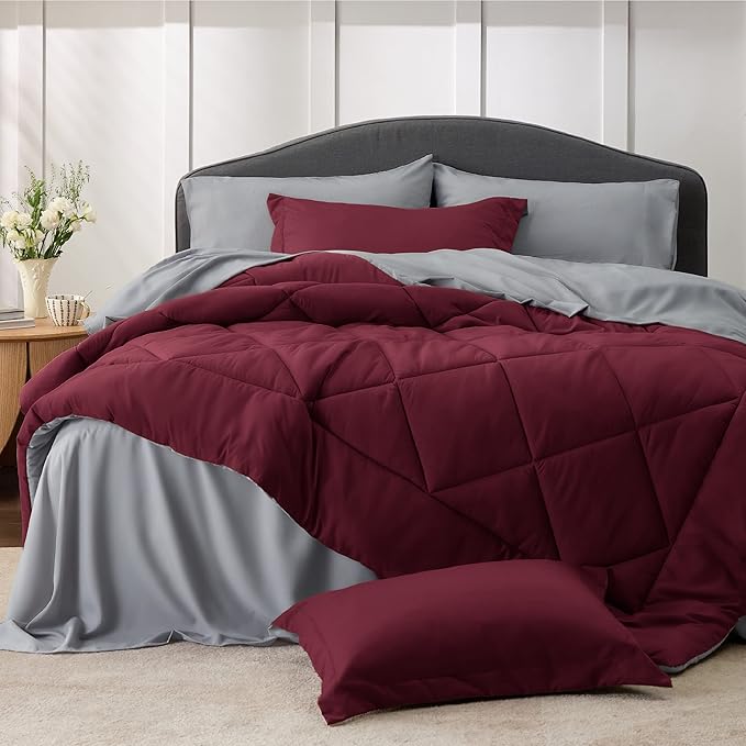 Bedsure Burgundy California King Size Comforter Set - 7 Pieces Reversible Cal King Bed in a Bag Bed Set with Comforters, Sheets, Pillowcases & Shams, California King Bedding Sets