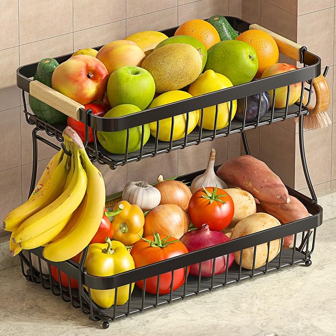 2-Tier Fruit Basket with Banana Hangers, Detachable Metal Bowl | Wooden handle, protective mats included. Versatile holder for bread, snacks, and veggies. Extra Large 2 tier metal design.