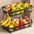 2-Tier Fruit Basket with Banana Hangers, Detachable Metal Bowl | Wooden handle, protective mats included. Versatile holder for bread, snacks, and veggies. Extra Large 2 tier metal design.
