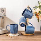 GBhome Large Coffee Mugs Set of 4, 16oz Handmade Embossed Coffee Mugs Set with Large Handle for Cappuccino/Latte/Tea/Hot Cocoa, Dishwasher & Microwave Safe, Blue