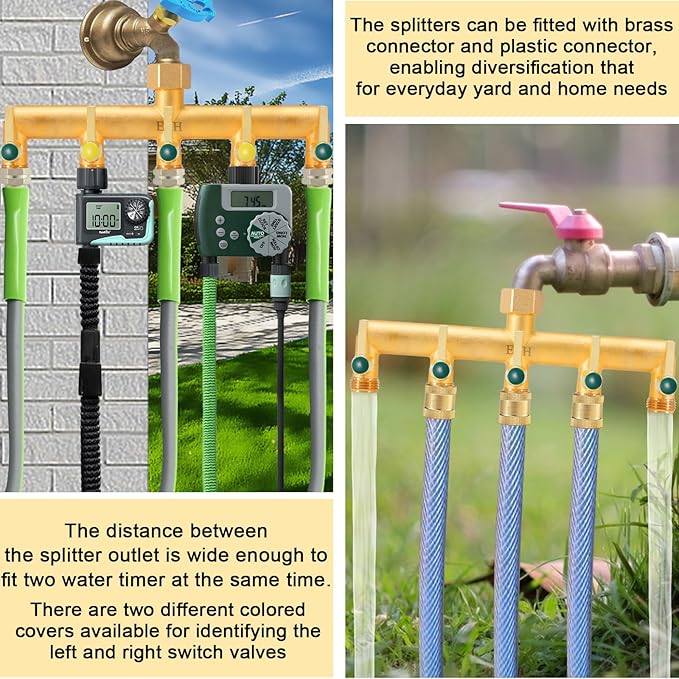 EBH Brass Garden Hose Splitter, 5 Way Outdoor Frostproof Tap Hose Splitter with 5 Individual On/Off Valve and Extended Handle, GHT 3/4-Inch Heavy Duty Hex Female Inlet and 3/4-Inch Male Outlet