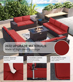 Kullavik 13 Pieces Outdoor Patio Furniture Set with 43" 55000BTU Gas Propane Fire Pit Table PE Wicker Rattan Sectional Sofa Patio Conversation Sets,Red