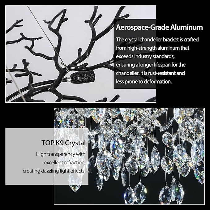 Modern Black Crystal Tree Branch Chandelier, 10-Light 30" Black K9 Crystal Chandeliers for Dining Room, Round Chandelier for Living Room,High Ceiling,Kitchen Island,Foyer,Staircase
