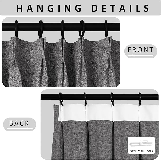 Macochico Natural Grey 100% Blackout Linen Curtains 96 Inches Long Pinch Pleated Curtains for Bedroom Living Room Nursery Farmhouse Insulated Sound Reducing Drapery with Tieback 84”Wx96”L 1 Panel