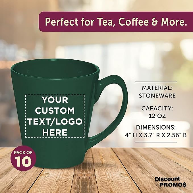 DISCOUNT PROMOS Custom Glossy Ceramic Latte Coffee Mug 12 oz. Set of 10, Personalized Bulk Pack - Perfect for Tea, Espresso, Cappuccino, Hot Cocoa - Green