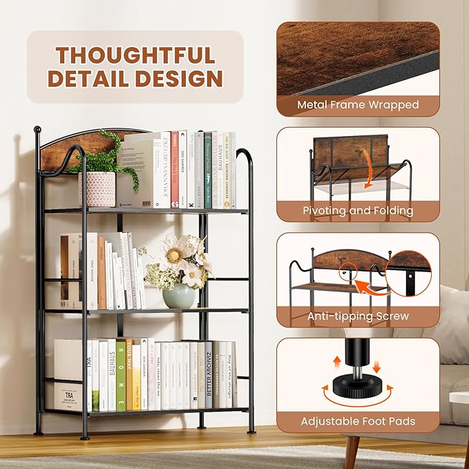 Folding Bookshelf No Assembly, 3 Shelf Black Folding Bookcase,Industrial Small Metal Corner Display Book Shelf with Storage Shelves for Bedroom,Living Room, Home Office Organization