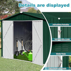 Storage Shed 8ft×6ft Classic Apex Roof Tool Shed Outdoor Storage Metal Garden Storage Sheds Tool Cabinet with Hinged Door Syste for Backyard, Patio, Poolside, Green