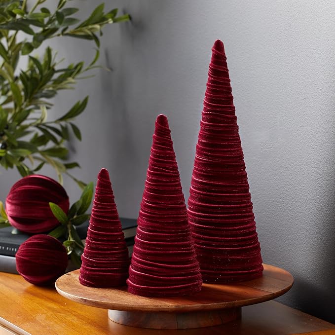 Your Heart's Content Set of 3 Burgundy Velvet Trees, Luxurious Handcrafted Home Decor, Valentine Tabletop Tree, Bookshelf Office, Winter Mantel Accents, Elegant Charm Gift for (Burgundy)