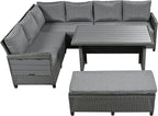 5 Piece Outdoor Furniture Patio Conversation with Dining Table&Bench, Sectional PE Wicker L-Shaped Sofa w/2 Extendable SideTable&Cushions&Washable Covers, Garden Rattan Couch, Gray