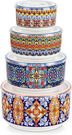 vancasso SIMI Serving Bowls with Lids, Ceramic Mixing Bowls Set of 4, Boho | Nesting Bowls for Food Storage, Prep, Stackable Bohemian Bowls, Dishwasher & Microwave Safe Gift Set, 60/36/20/10 OZ