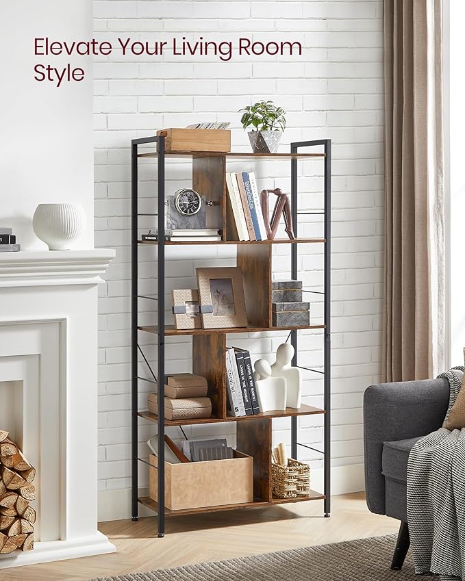 VASAGLE Bookshelf, 5-Tier Bookcase, Storage Shelving Unit, Display Shelf with Open Compartments for Living Room Home Office, Bedroom, Industrial, 11.8" D x 29.1" W x 59.1" H, Rustic Brown + Black