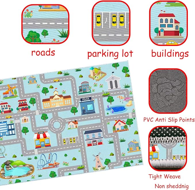 Kids Car Rug, 3' 3" x 5' 3" City Life Traffic Road Playmat for Toy Cars Trains, Non-Slip Race Track Carpet Educational Fun Area Rugs for Boy and Girl Bedroom Nursery