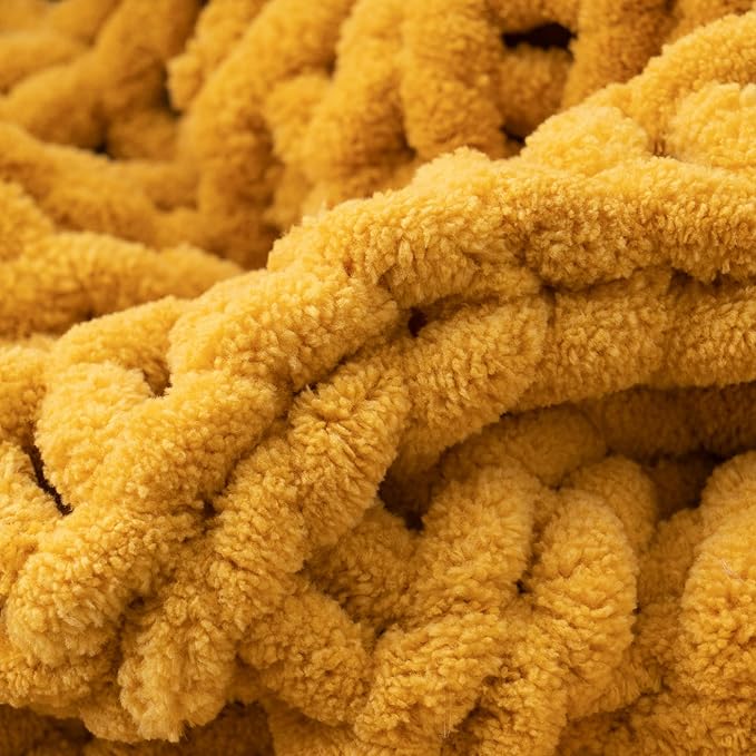 Battilo Chunky Knit Throw Blanket, Soft and Thick Chenille Throw Blanket, 50"x60" Handmade Cable Knit Crochet Blanket, Large Rope Knot Throw Blankets for Couch Sofa Bed Home Decor, Mustard