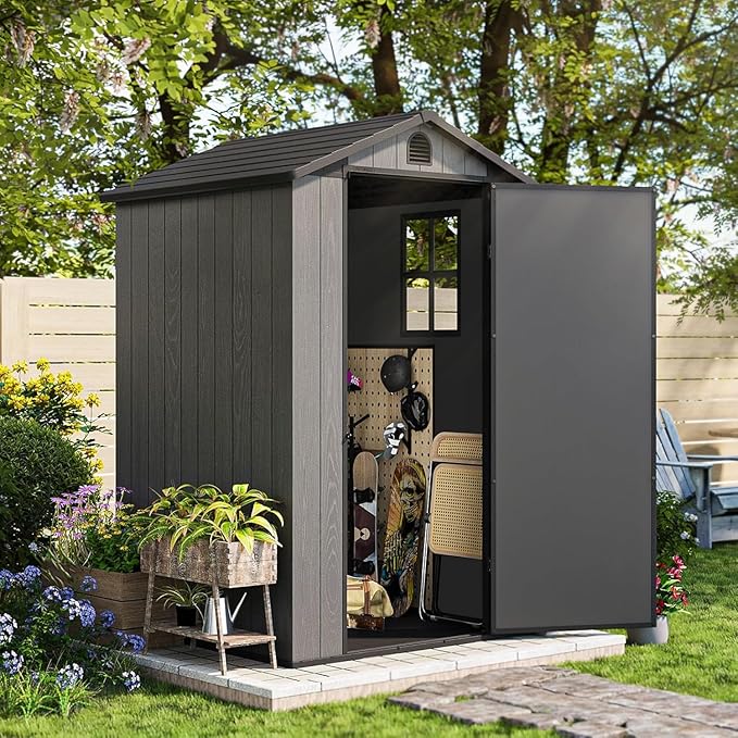 Patiowell 4 x 4 FT Plastic Outdoor Storage Shed with Floor, Garden Tool Shed with Two Windows and Single Lockable Door for Garden, Backyard, Lawn, Easy to Install, Dark Grey(Fit-it Shed)