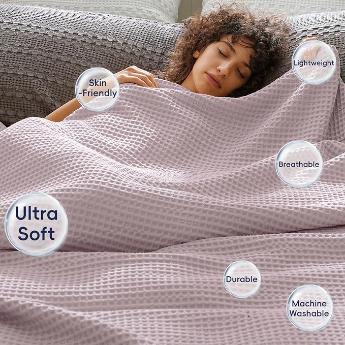 PHF Ultra Soft Waffle Weave Blanket King Size 104"x 90"- Washed Lightweight Breathable Cozy Woven Blanket for Bed - Aesthetic Decor for Couch Bedding Sofa Home Car - Dusty Rose