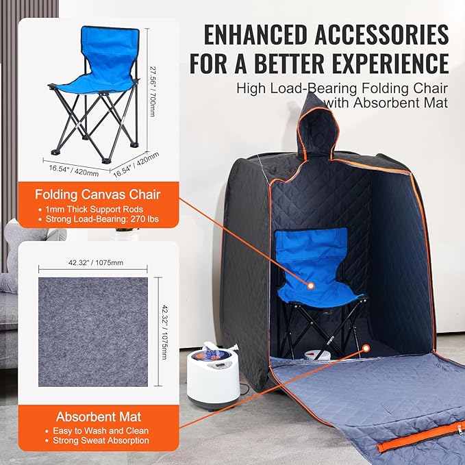VEVOR Portable Personal Steam Sauna Spa Tent with 1200 Watt Steam Generator, with Chair & Storage Bag, Home Therapeutic Sauna Blanket for Detox Relaxation, Time & Temperature Remote Control, Black