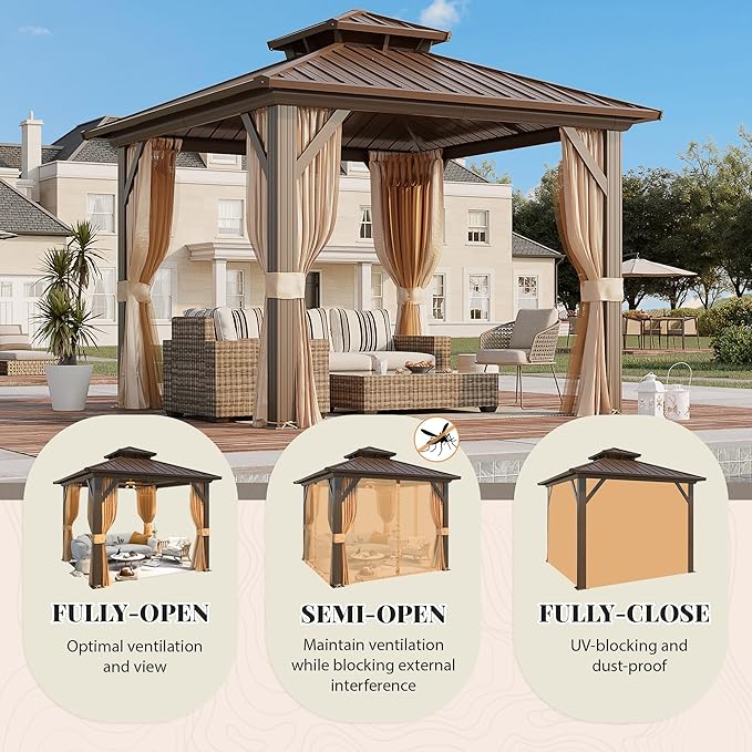 YOLENY 10' x 10' Hardtop Gazebo, Metal Gazebo with Aluminum Frame, Double Galvanized Steel Roof, Curtains and Netting Included, Pergolas for Patios, Garden, Parties, Lawns