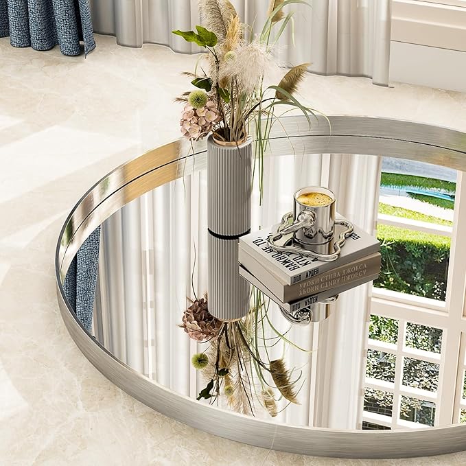 32 Inch Silver Round Bathroom Mirror - Wall Mounted Circle Mirror with Metal Frame, Modern Mirror Suitable for Bathroom, Vanity, Entryway, Living Room, Wall Decor