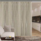 100% Blackout Linen Textured Drapes for Bedroom Pinch Pleated Curtains for Track System Portable Drapery for Sliding Glass Door/Storage/Space Room Divider, 70" Wx84 L, 1 PC, Beige