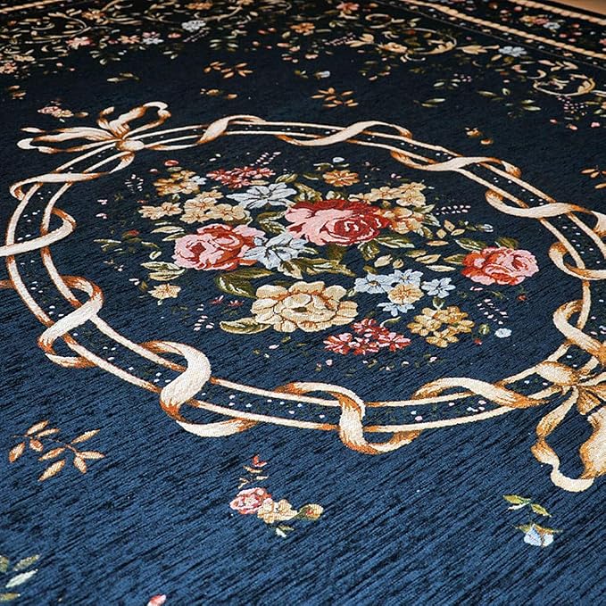 Elegant Traditional Accent Floral Floor Rugs Vintage Rustic Area Rugs for Living Room Bedroom Dinning Room, 55'' x 79'', Navy Blue