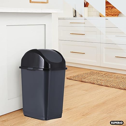 Superio Kitchen Trash Can with Swing Top Lid 9 Gallon Slim Waste Bin 37 Qt Sturdy Plastic Garbage Can Medium Recycling Bin for Office, Bathroom, Under Counter, Dorm, Bedroom (Dark Grey-2 Pack)