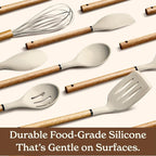 Country Kitchen Non Stick Silicone Utensil Set with Rounded Wood Handles for Cooking and Baking, 8 Piece Set, Khaki