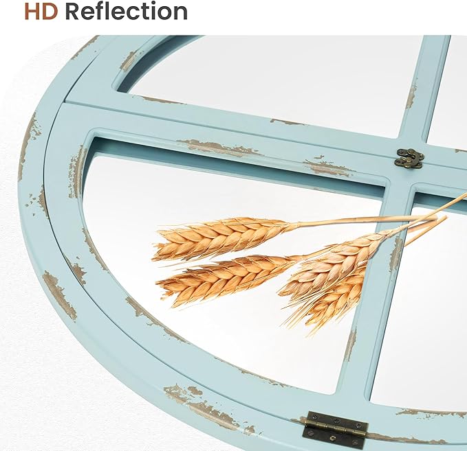 30" Round Window Mirror, Vintage Coastal Wall Mirror with Distressed Blue Wood Frame & Faux Windowpanes, Farmhouse Cottagecore Decor for Living Room, Entryway, or Dining Room