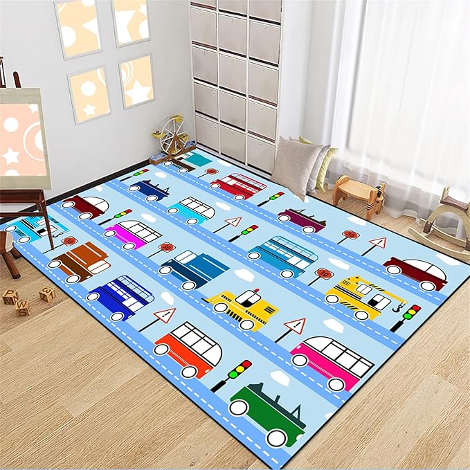 Car Rug Car Play Mat Kids Rugs for Playroom Car Rug Play Mat Rugs for Boys Bedroom Car Carpet for Kids Play Rug for Cars and Trucks Car Rug for Boys Room,Light Blue 5'×7'