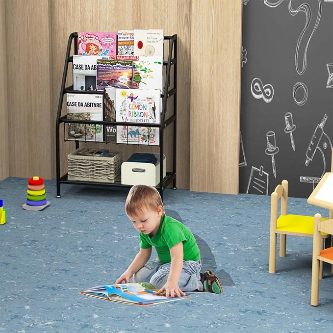 Kids Bookshelf Freestanding for Children Room 18 Inches Black Metal Bookcase Large Capacity Books Toys Organizer Stable 5 Tiers Kids Book Rack for Playroom Bookstore Library.