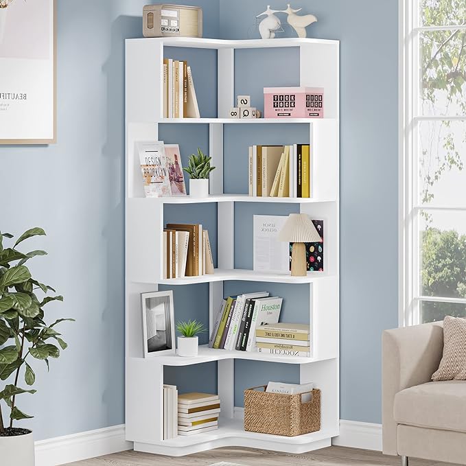 Corner Bookshelf, 64.9 Inch Tall Bookcase with Anti-Drop Panel, Modern Freestanding Corner Shelf Display Rack Storage Organizer for Home Office, Living Room, White