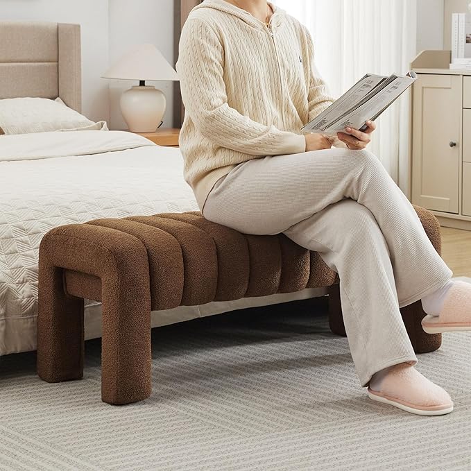 43.3" Bedroom Bench, Upholstered Entryway Bench, Modern End of Bed Ottoman with Solid Wood Legs and Adjustable Foot Pegs for Entryway, Dining Room and Living Room (Brown Boucle)