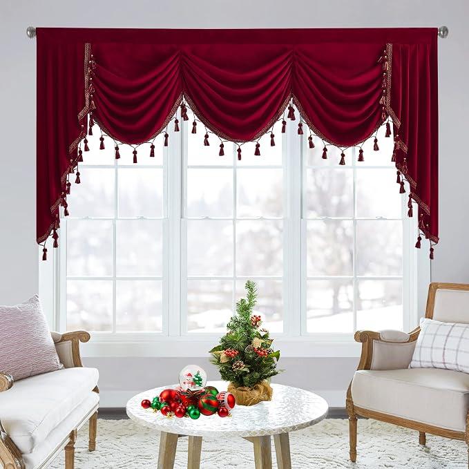 Christmas Red Waterfall Velvet Curtain Valances W79 inches, 1 Panel | Luxury Waterfall Swag Valances, Room Darkening Privacy Window Drapes for Theater, Living Dining Room, Media